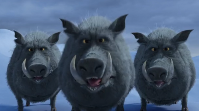 Three huge boars with metallic grey fur, small yellow forward facing eyes, and two large tusks.