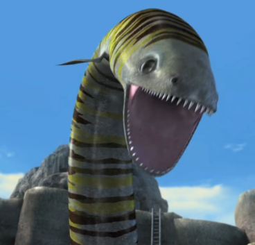 Pale yellow skin with black and very saturated yellow stripes, followed by small serrated teeth going all across the mouth.