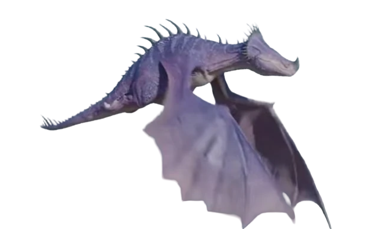 A stumpy desaturated purple dragon with small slender spikes on its back decreasing in chronological size going down its back, followed by a rounded head, tiny nasal horn and eyes, followed by two relitavely small wings and a short tail with a few long spikes at the tip.