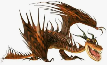 Monstrous Nightmare dragon with orange and brown scales, large bat-like wings lined with sharp spines, and a long tail. The dragon crouches with its wings partially spread, showing a wide open mouth filled with sharp teeth with a huge underbite and long horns resembling that of a ram extending from its head.