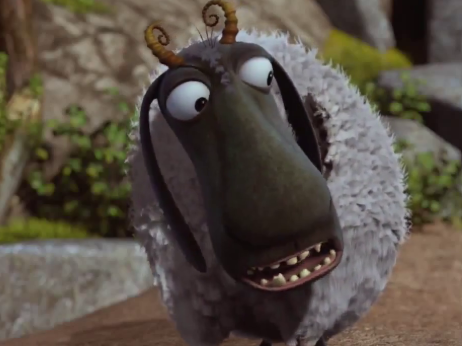 Huge rounded snout with two big pair of eyes and two tiny ram horns above them, followed by a white fluffy coat, creating a small oval like cloud shape.