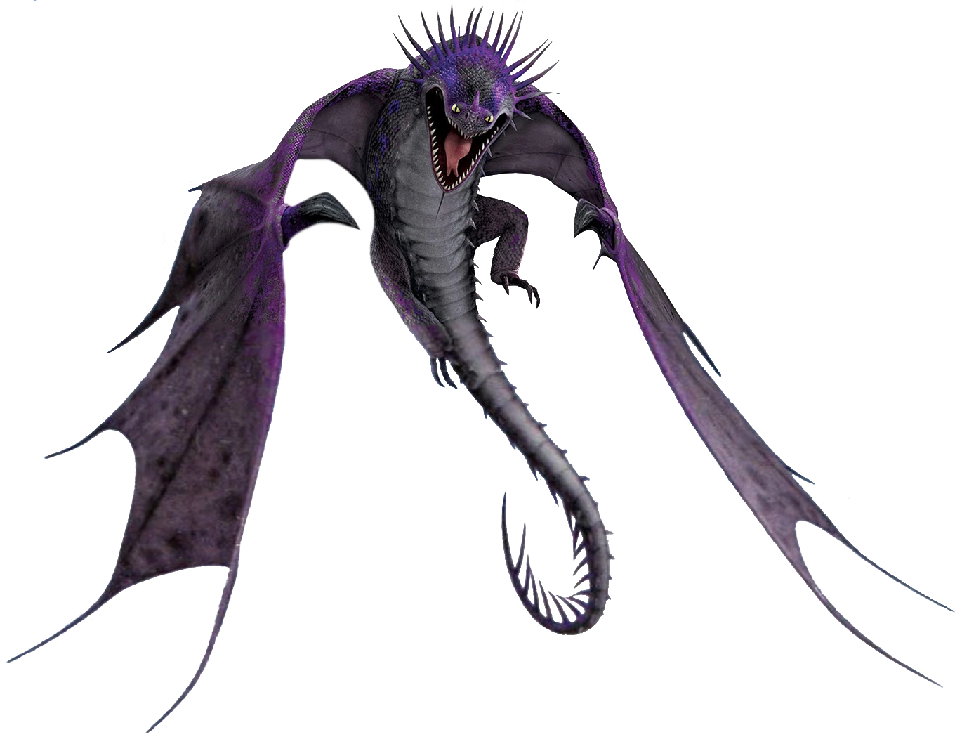 Long slender dragon, triangular head, small eyes at the front of the head with two nostrils, a massive snake-like mouth with countless long sharp teeth, long thin spikes on the back of its head. Huge bat like wings with five fingers. Two short stubby legs with five claws, followed by a long slender tail. It's adorned with one row of metallic spikes going from its back to the very tip of its tail decreasing in size. Its body color is a stale dark purple, followed by a very light purpleish-white on its underbelly going to the tip of its tail.